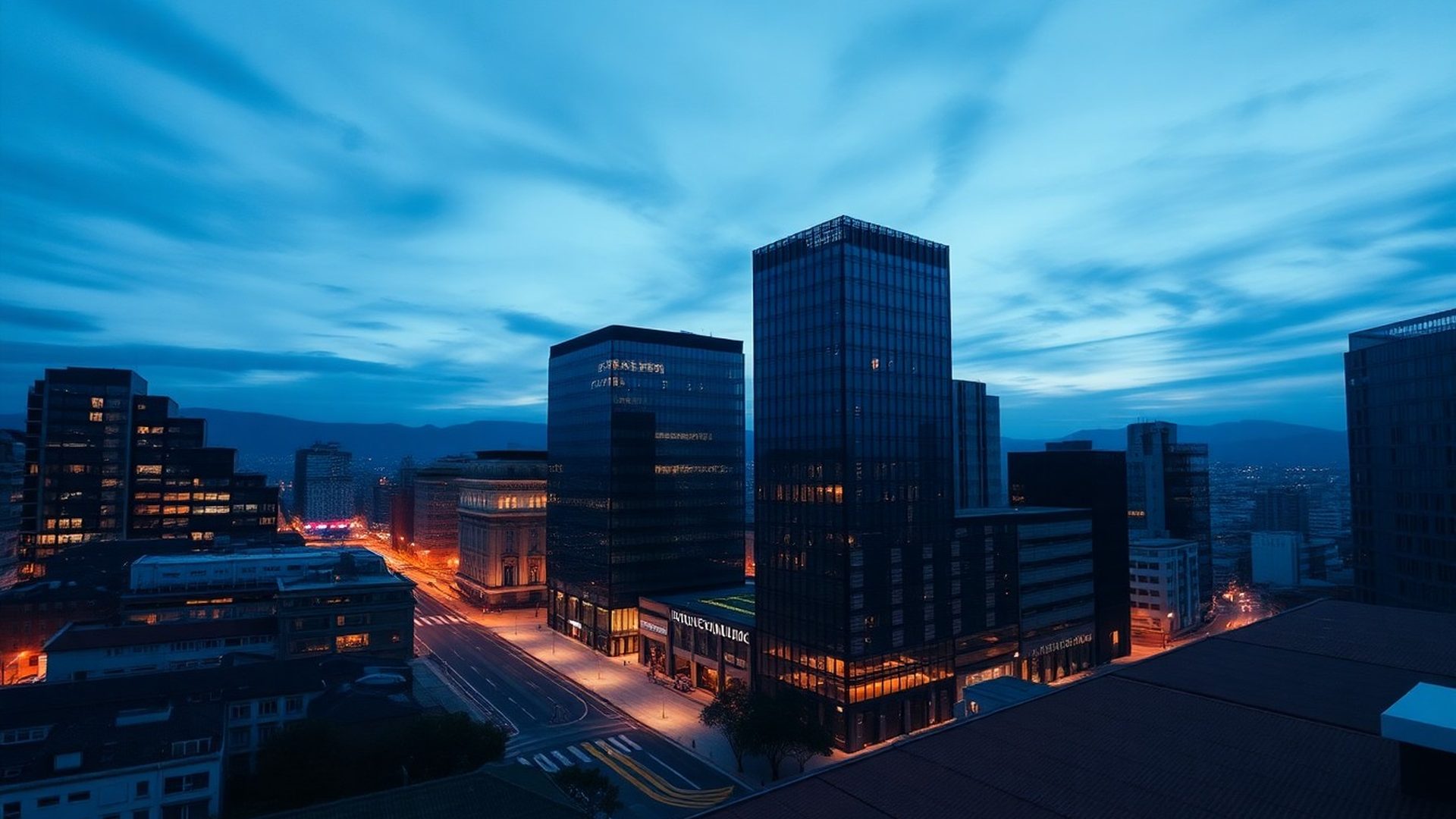 Vista panorámica del distrito financiero de Bilbao al anochecer